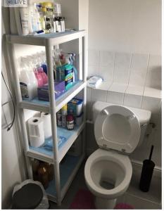 a small bathroom with a white toilet and shelves at The Right Place. A Fabulous/Cozy Double Room in London