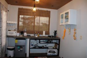 uma cozinha com um balcão, um lavatório e uma janela em Casa Cabaña En San Carlos Panamá em San Carlos