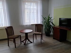 Zimmer mit einem Tisch, 2 Stühlen und einem TV in der Unterkunft Traditionshotel Goldener Löwe in Zeulenroda
