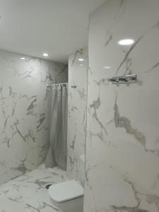 uma casa de banho branca com um chuveiro e um WC. em Patalavaca, aguamarina em Patalavaca