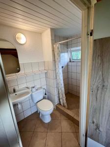 La salle de bains est pourvue de toilettes et d'un lavabo. dans l'établissement Apartamenty nad Zalewem Szczecińskim, 
