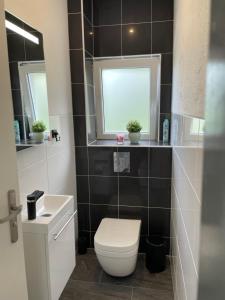 a bathroom with a toilet and a sink and two windows at FERIENWOHNUNG AM BERG in Marktgraitz