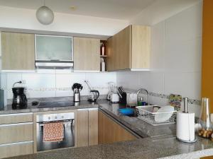 利馬的住宿－Stylish New Apartment with stunning Ocean View near Miraflores，厨房配有不锈钢用具和木柜