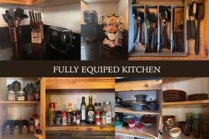 a collage of two pictures of a fully equipped kitchen at Sugar in the Raw Cabin w AC - Hot Tub in Sugarloaf