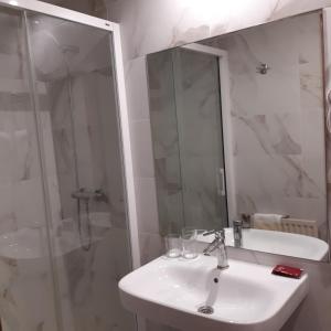 een badkamer met een wastafel, een douche en een spiegel bij Lizana 2 in Huesca