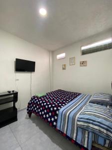 een slaapkamer met een bed en een flatscreen-tv bij Alojamiento Central Ibagué - Parqueadero Moto in Ibagué