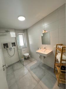 a bathroom with a shower and a sink and a toilet at Home Inn Apartments - 101 in Bielefeld