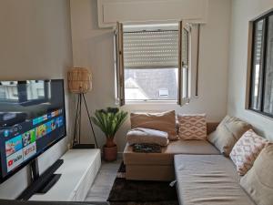 ein Wohnzimmer mit einem Sofa und einem Flachbild-TV in der Unterkunft AtHome - Appart-hotel with private parking in Esch-sur-Alzette