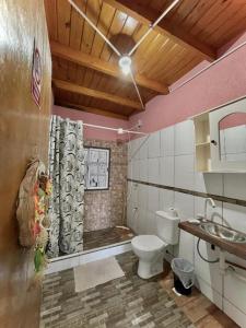 łazienka z toaletą i umywalką w obiekcie Hosteria NAMAJU w mieście Puerto Iguazú