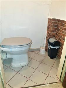 a bathroom with a toilet and a trash can at near the center in Vienna