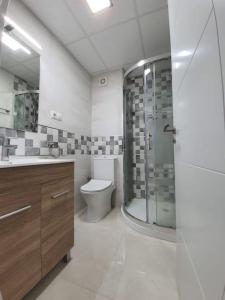 uma casa de banho com um chuveiro, um WC e um lavatório. em Preciosoy gran apartamento terraza con vistas wifi y climatización em Málaga