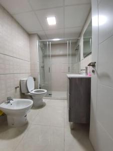 uma casa de banho com um WC, um lavatório e um chuveiro em Preciosoy gran apartamento terraza con vistas wifi y climatización em Málaga