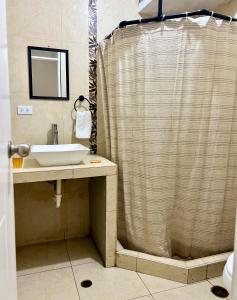 y baño con cortina de ducha y lavamanos. en DEPARTAMENTO EN CIPRESES en Urbanizacion Buenos Aires