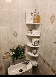 a bathroom with a sink and a toilet and towels at Private luxurious space in Basildon