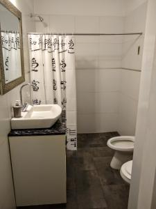 a bathroom with a sink and a toilet at Hospedaje El Ciruelo in Alta Gracia