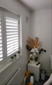 a vase with flowers in a room with a window at Private luxurious space in Basildon
