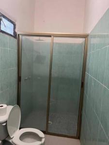 a bathroom with a toilet and a glass shower at Flores Condominios Depa Rosa in Álamos
