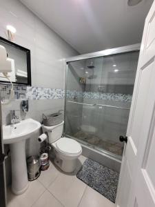 a bathroom with a shower and a toilet and a sink at Chalet Belizomi Tropical Villa #1 in Gros Islet