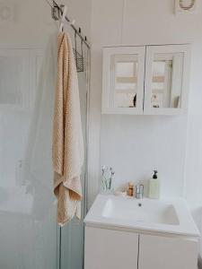a bathroom with a sink and a towel at Little Lodge - Luxury Tiny Home Stay in Alstonville