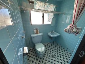 een blauwe badkamer met een toilet en een wastafel bij 民宿ちねん in Uruma