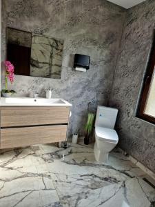 a marble bathroom with a sink and a toilet at Къща за гости Вила Победа 