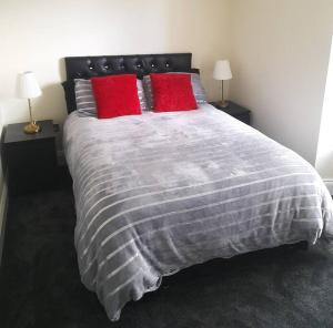 1 dormitorio con 1 cama grande y 2 almohadas rojas en Kirkcudbright Holiday Apartments - Apartment F, en Kirkcudbright