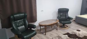 2 sillas verdes y una mesa en una habitación en Conacul Caterinei, en Polovragi