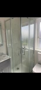 uma casa de banho com um chuveiro e uma porta de vidro em Cosy home em Dungarvan
