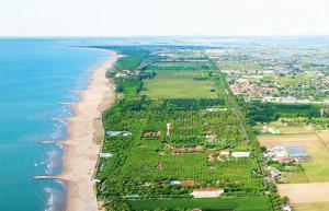 an aerial view of a beach and the ocean at Camping Union Lido in Cavallino-Treporti