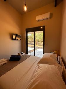 1 dormitorio con 2 camas y ventana en Elaiocampus luxury house, en Kamáres