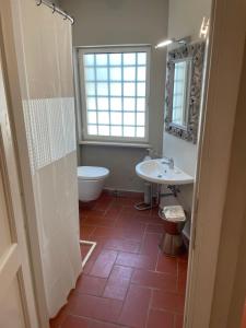 a bathroom with a sink and a toilet and a window at Fontepino in Crocemaroggia