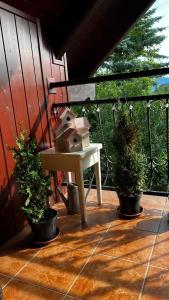 a patio with a table with potted plants on it at Apartmán na Pasekách in Bystrzyca