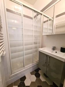 W łazience znajduje się prysznic i umywalka. w obiekcie Appartement F3 55m2 à 5' de Paris w mieście Ivry-sur-Seine