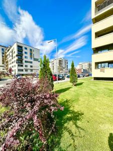 a grassy field in front of a building at Kasper Coresi Mall - Rise Private Apartments & Suites in Braşov