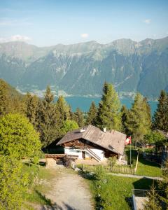 uma casa numa colina com um lago e montanhas em Chalet am Sunne-Egge auf Axalp bei Brienz em Axalp