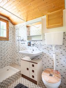 ein Badezimmer mit einem Waschbecken, einem WC und einer Badewanne in der Unterkunft Chalet am Sunne-Egge auf Axalp bei Brienz in Axalp