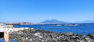 una persona seduta su una spiaggia rocciosa vicino all'acqua di Dantonarooms a Napoli