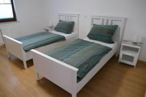 2 camas en una habitación blanca con almohadas verdes en Zum Wiesengrund Blecher en Breidenbach