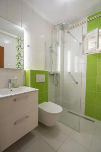 a bathroom with a shower and a toilet and a sink at Garden Resort - Apartments Maslina in Potocnica