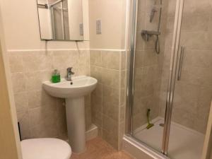 a bathroom with a sink and a shower and a toilet at Cosy 2 Bedrooms 2 Bathrooms in Basingstoke