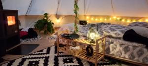 een kamer met een bed in een tent bij Rucăr Glamping Village in Rucăr +28 foto's