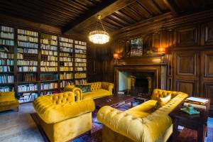 a library with yellow couches and a fireplace and books at La chambre de Manon in Hesdin