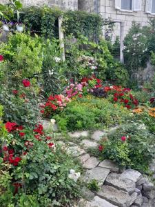 einen Garten mit bunten Blumen und einem Steinpfad in der Unterkunft Studio Apartman Ivanka in Orebić