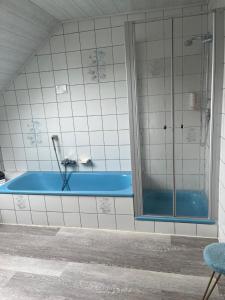 La salle de bains est pourvue d'une douche et d'une baignoire bleue. dans l'établissement Monteurzimmer-Graf, à Nidda