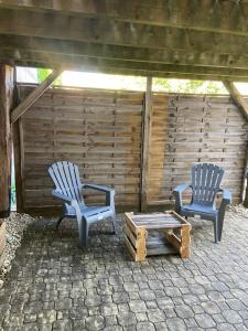 two chairs and a coffee table on a patio at Les portes du marais in Benet