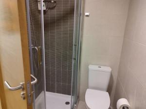 a bathroom with a toilet and a glass shower at A RIA DE PONTEVEDRA in Pontevedra