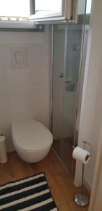a bathroom with a toilet and a glass shower at Eolia free parking in Bari