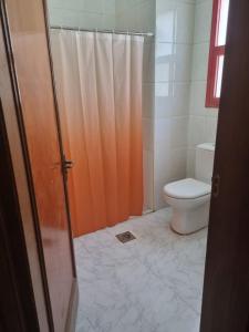 艾恩的住宿－VictoriaS，浴室设有橙色的淋浴帘和卫生间