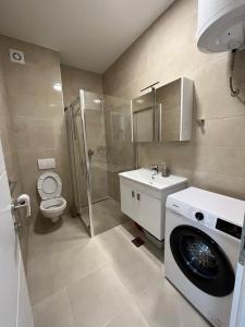 a bathroom with a washing machine and a toilet at Apartman Čapljina in Čapljina