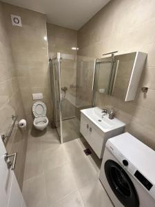 a bathroom with a shower toilet and a sink at Apartman Čapljina in Čapljina